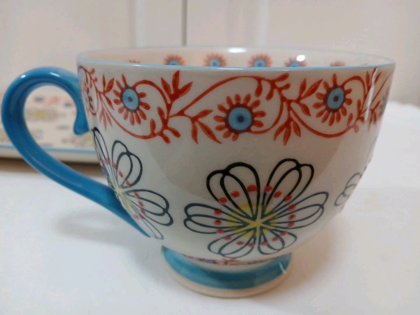 New Yokohama Studio Mug Plate/Saucer Hand Painted Lt Blue Yellow Raised Design