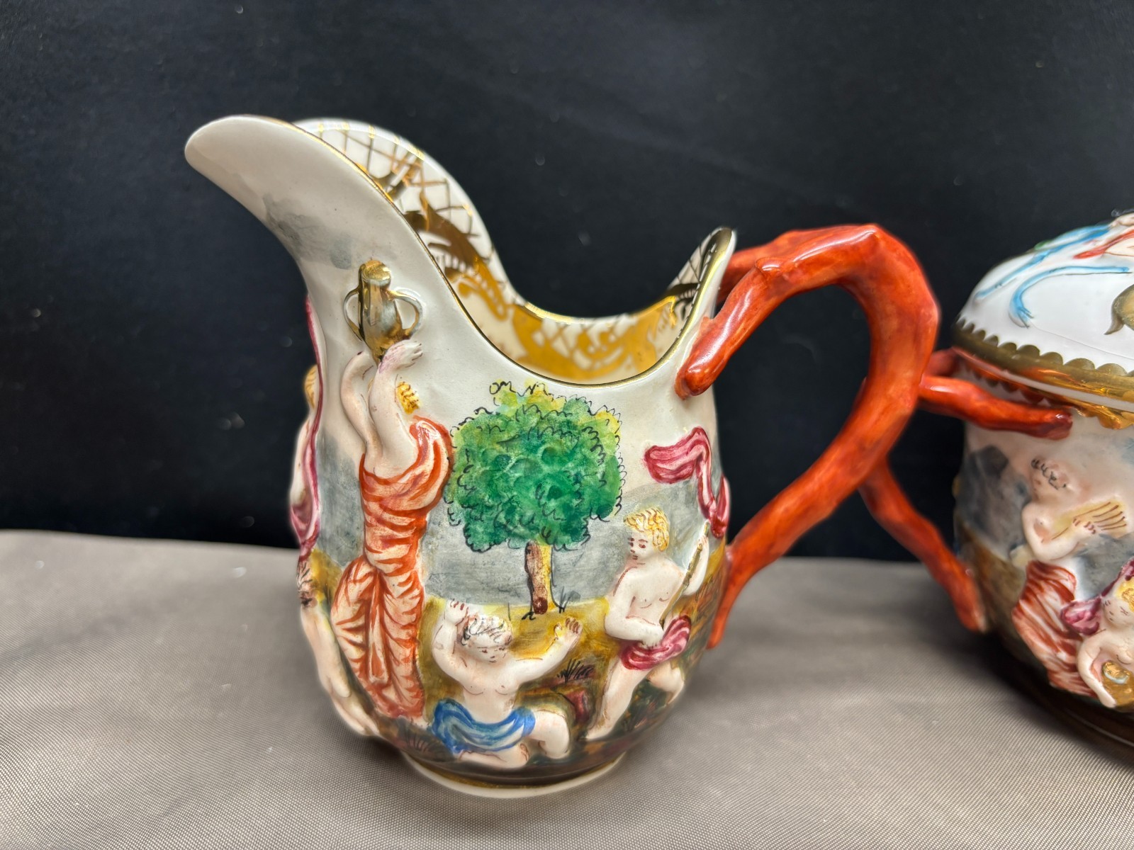 Capodimonte “CHERUBS” Antique Porcelain ~ Creamer & Sugar Bowl w/Lid (Italy)