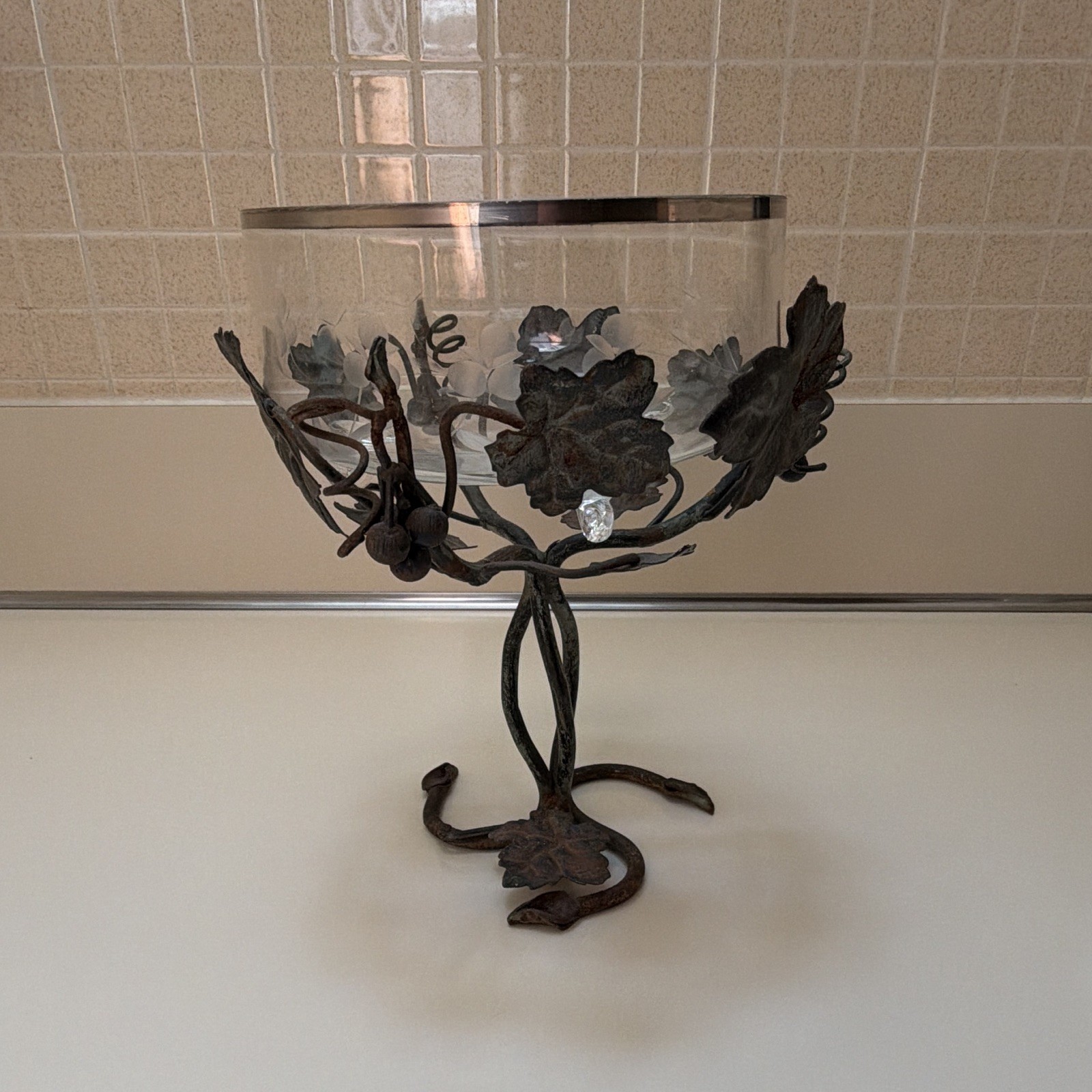 Clear Glass Floral Etched Compote Pedestal Bowl w/ Black Metal Leaf Vine Stand