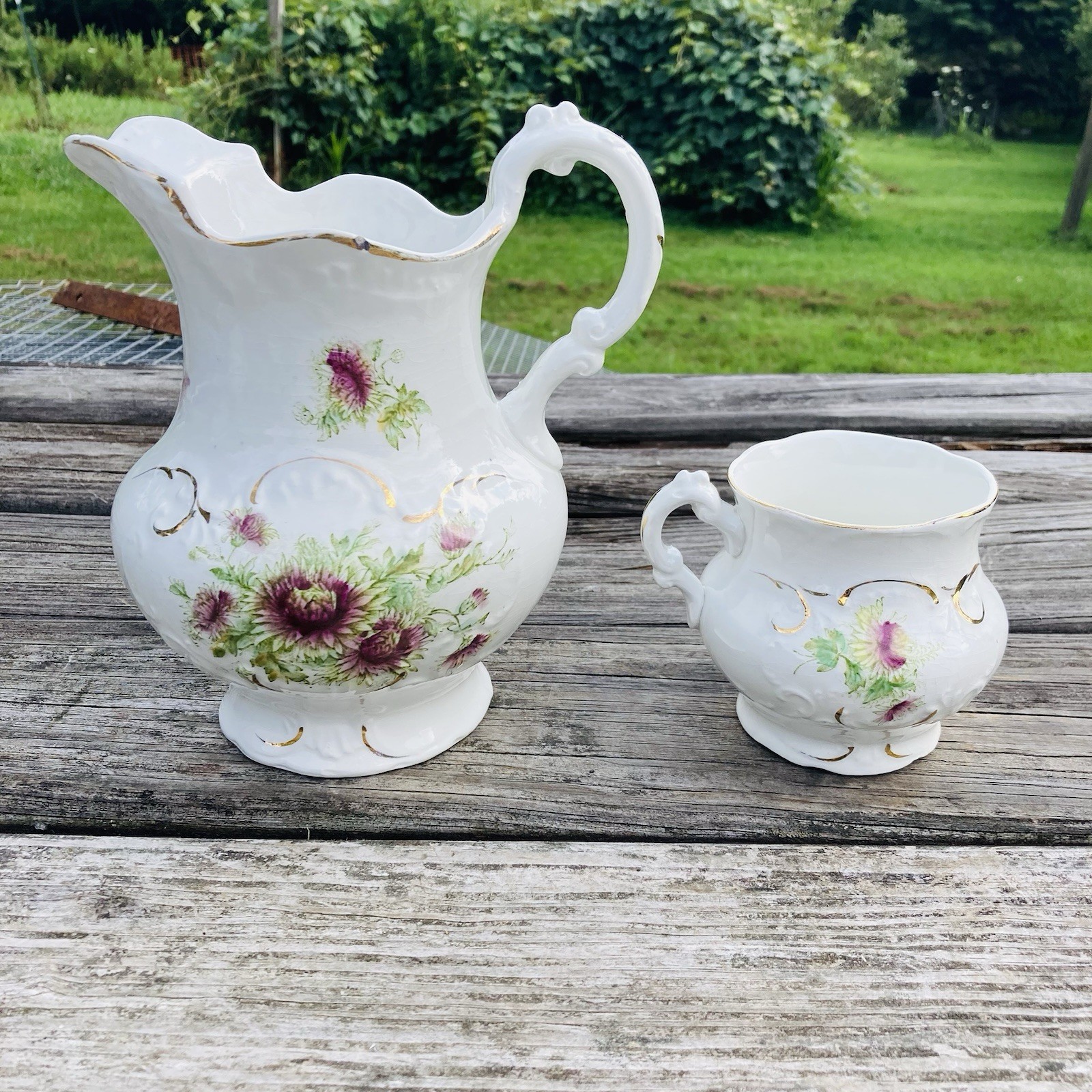 Antique Burford Bros RCO Thistle Hand Painted Embossed Pitcher & Shaving Mug
