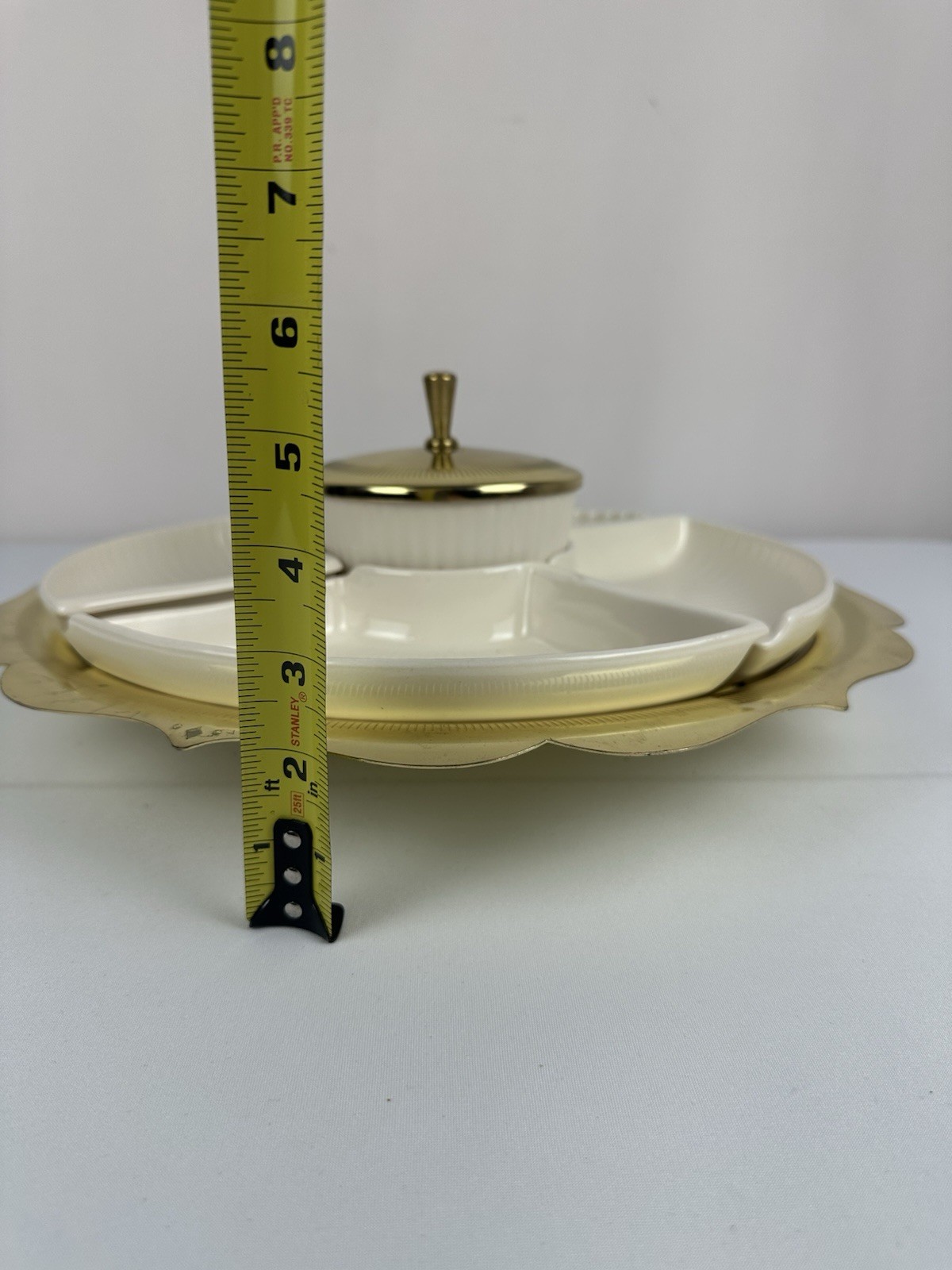 Vintage Ceramic Divided Relish Tray Gold Tone Pedestal Server w Covered Dip Bowl