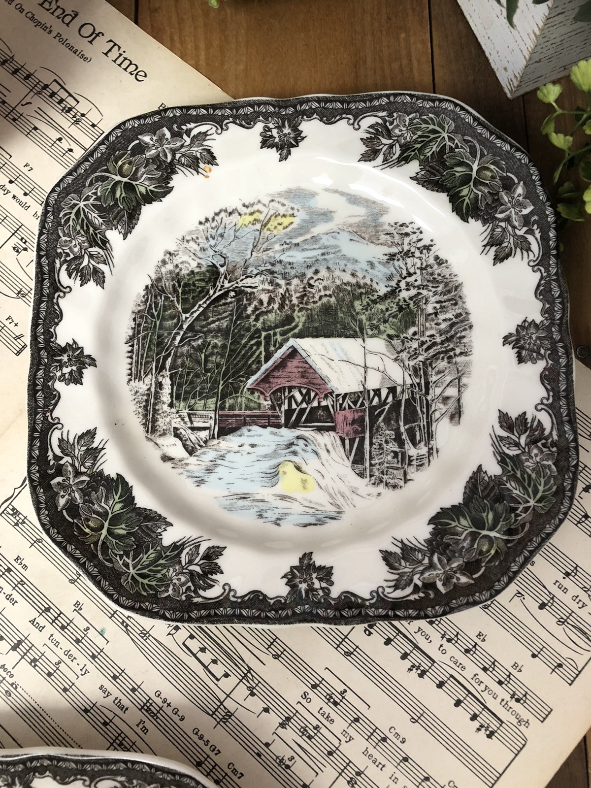 Johnson Bros The Friendly Village 4 Square Salad Plates 7.5″ Covered Bridge 1883