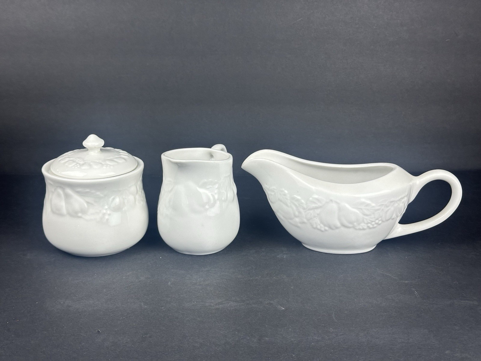 Fruit de Blanc 1995 Tabletops White Sugar Bowl Container Creamer Set Gravy Boat