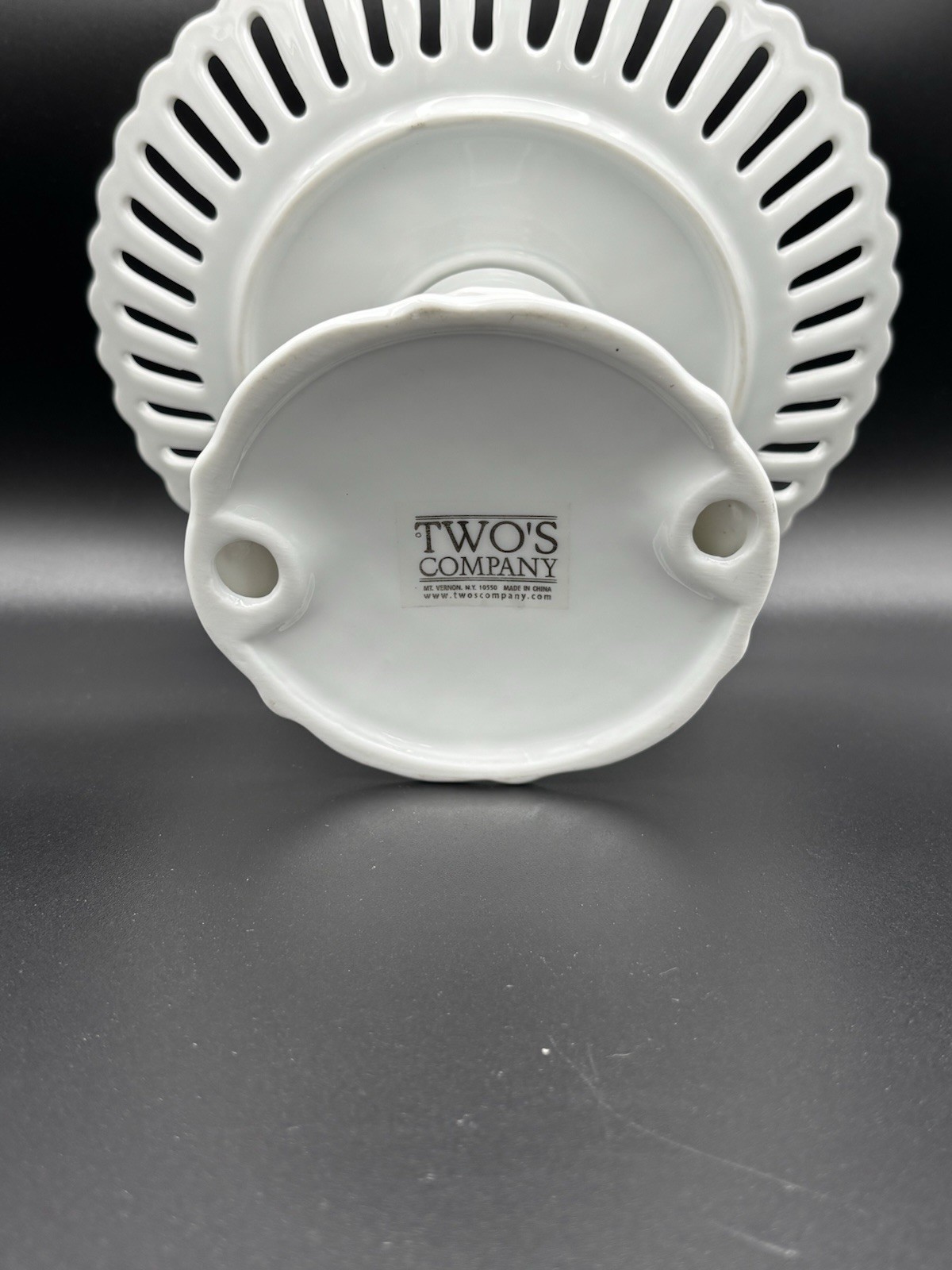 Two’s Company White Ceramic 7.75 x4.5” Cake Pie Dessert Stand Perforated Banding