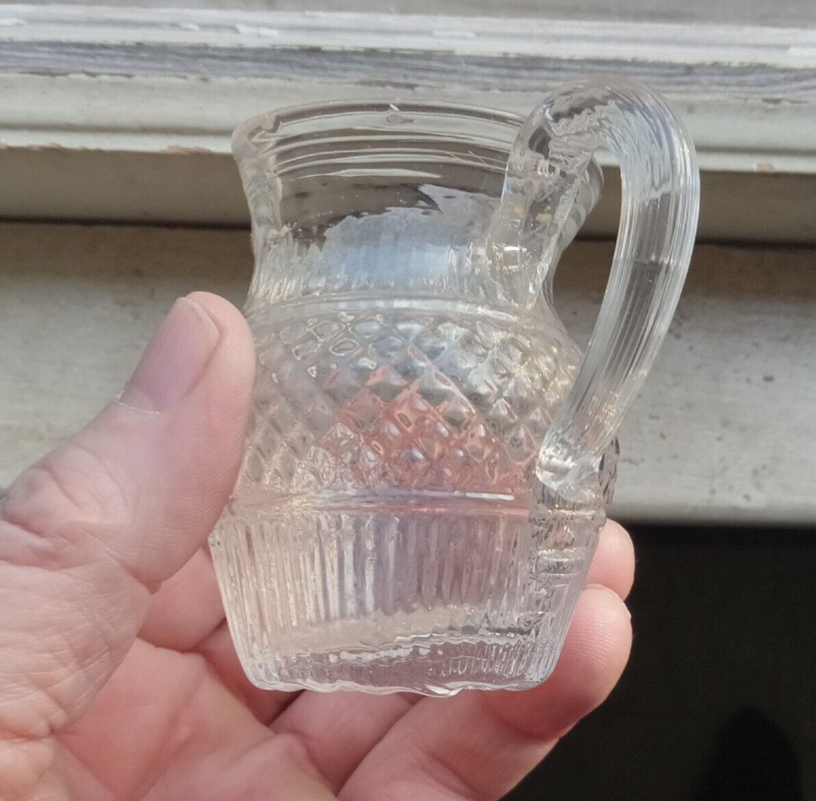 1830s EARLY 3 MOLD BLOWN TOY CREAMER DIAMOND HOBNAIL BOSTON & SANDWICH GLASS CO
