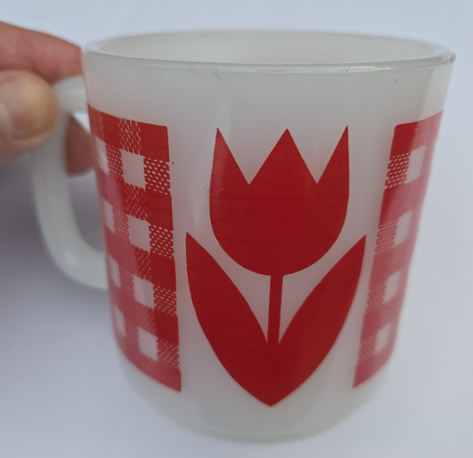 Vtg Termocrisa?Jeannette Glasbake? Coffee Mug Red Tulip Gingham 1960’s-70’s