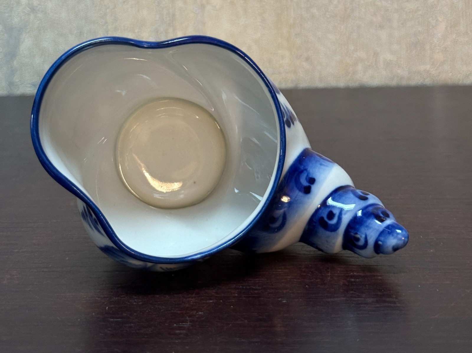 Vtg Gzhel Blue White Porcelain Cornucopia Creamer Pitcher Hand Painted Russia