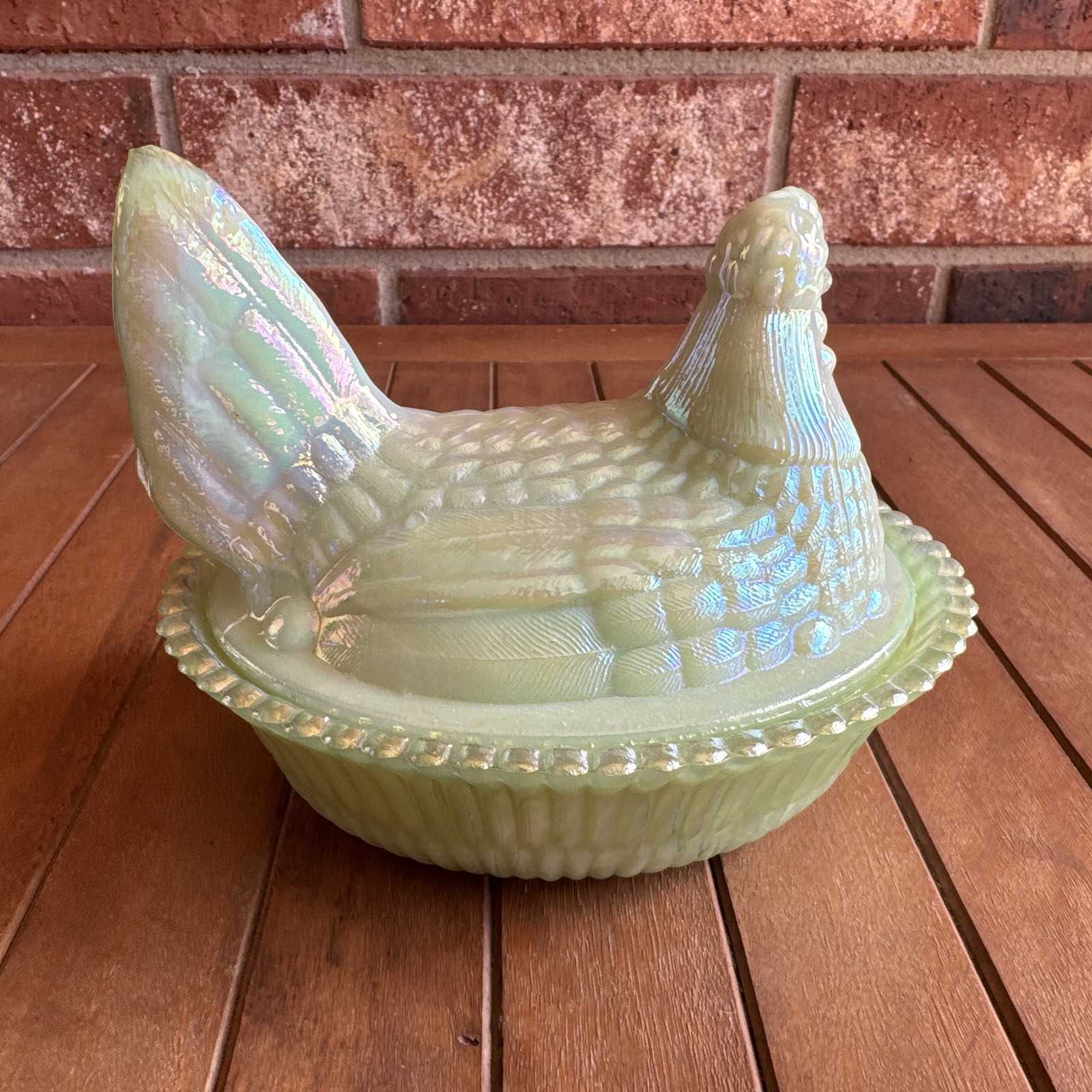 Jade Green Carnival Glass Iridescent Hen on Nest Westmoreland Nesting Chicken