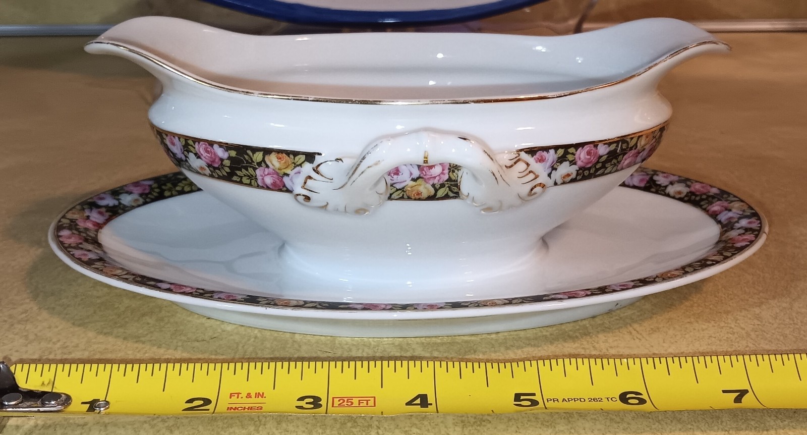Antique Schwarzburg Germany – roses on black band gold trim