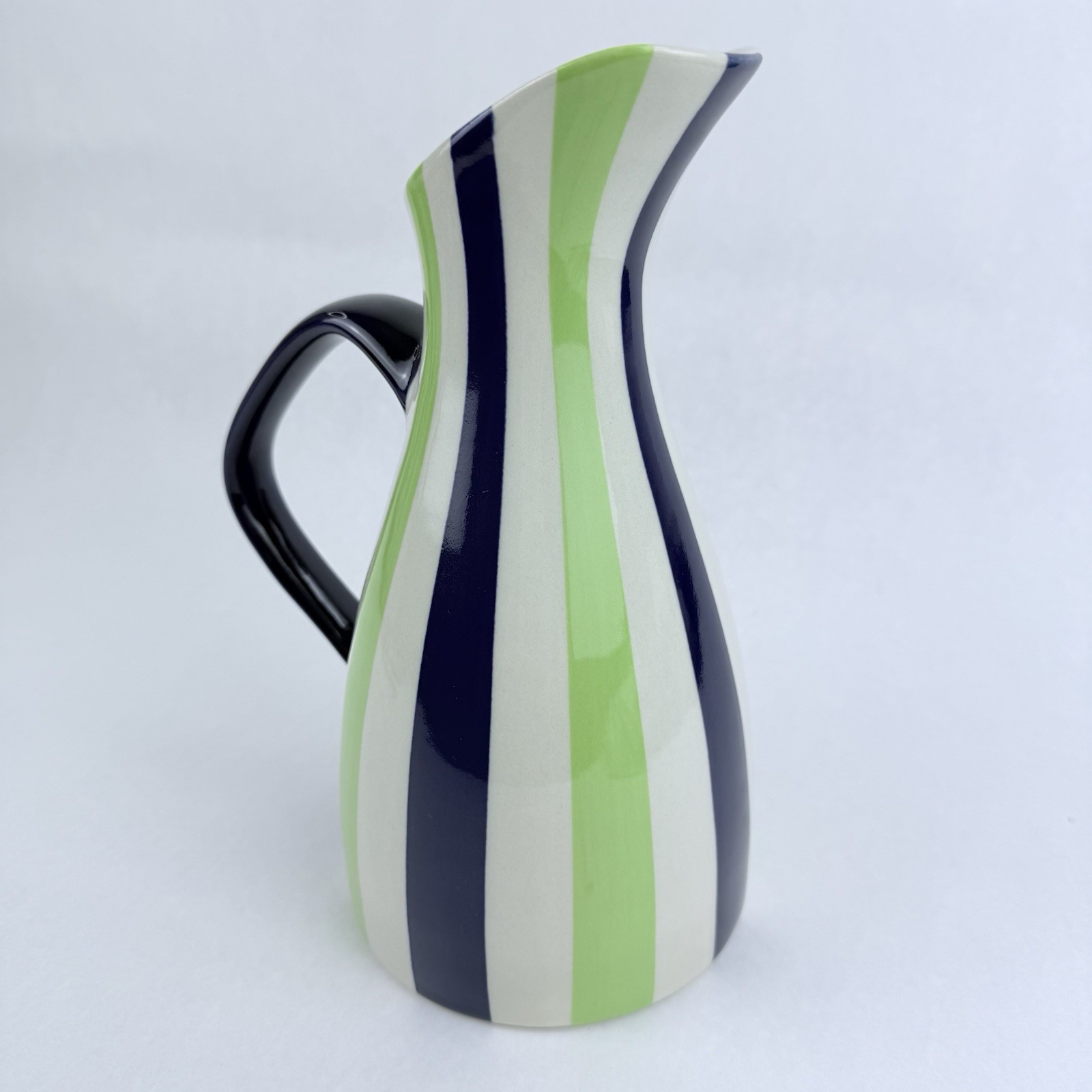 Vintage Jonathan Adler Ceramic Pitcher Pot Porter Green Blue White Stripes 9.5”