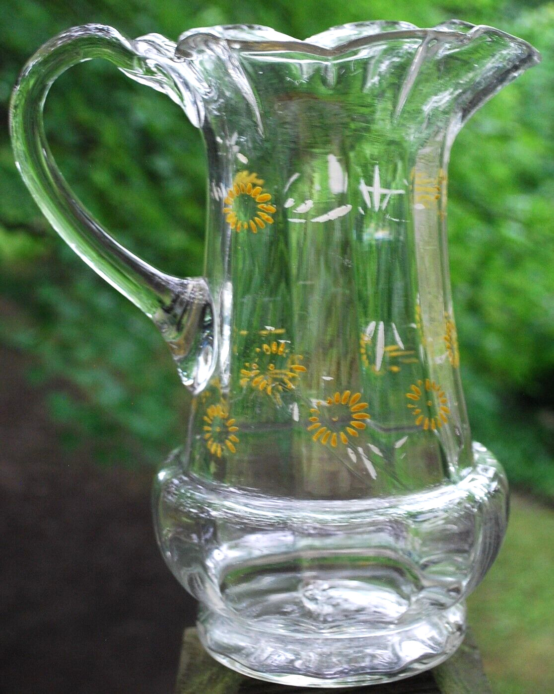 Antique Victorian PITCHER Clear Optic Glass FLORAL ENAMELED DAISIES Petal Rim