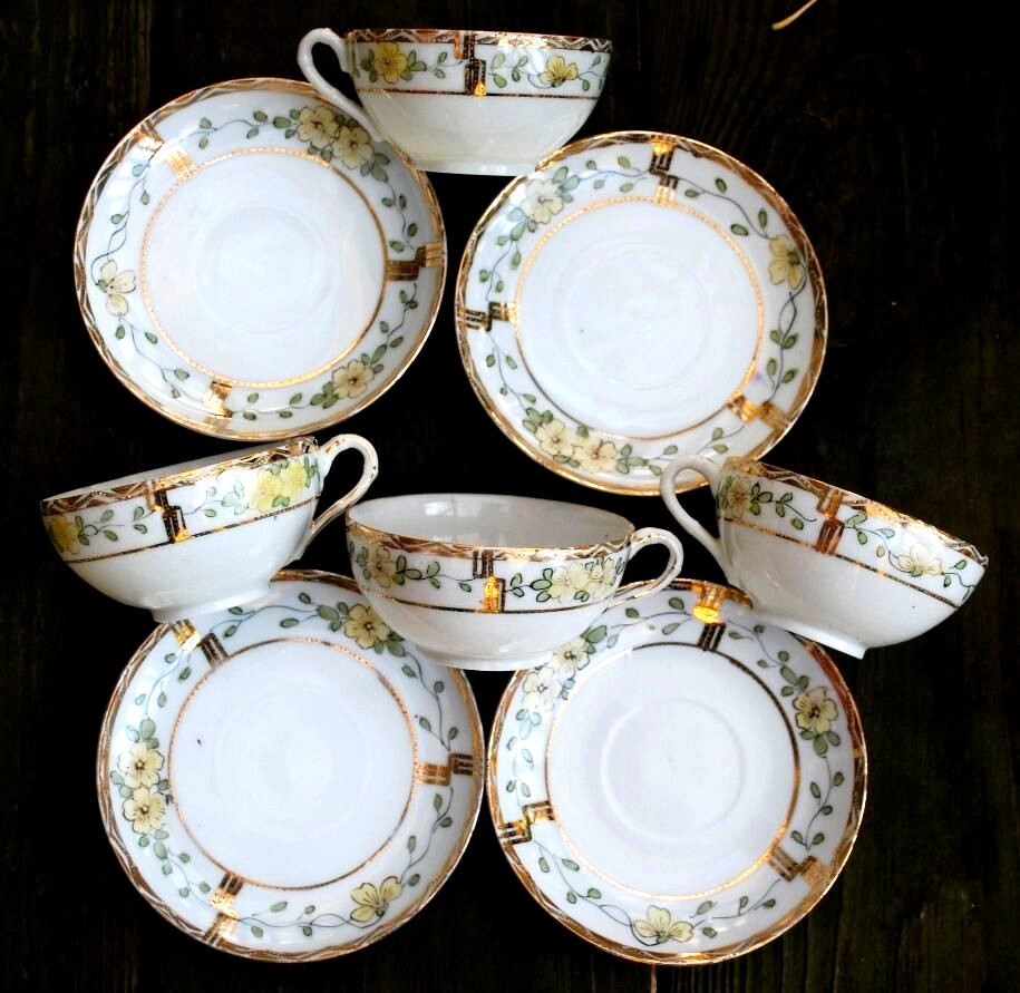Antique Pre-1900 GOLD MORIAGE Set 4 TEACUPS w 4 SAUCERS Hand Painted Porcelain