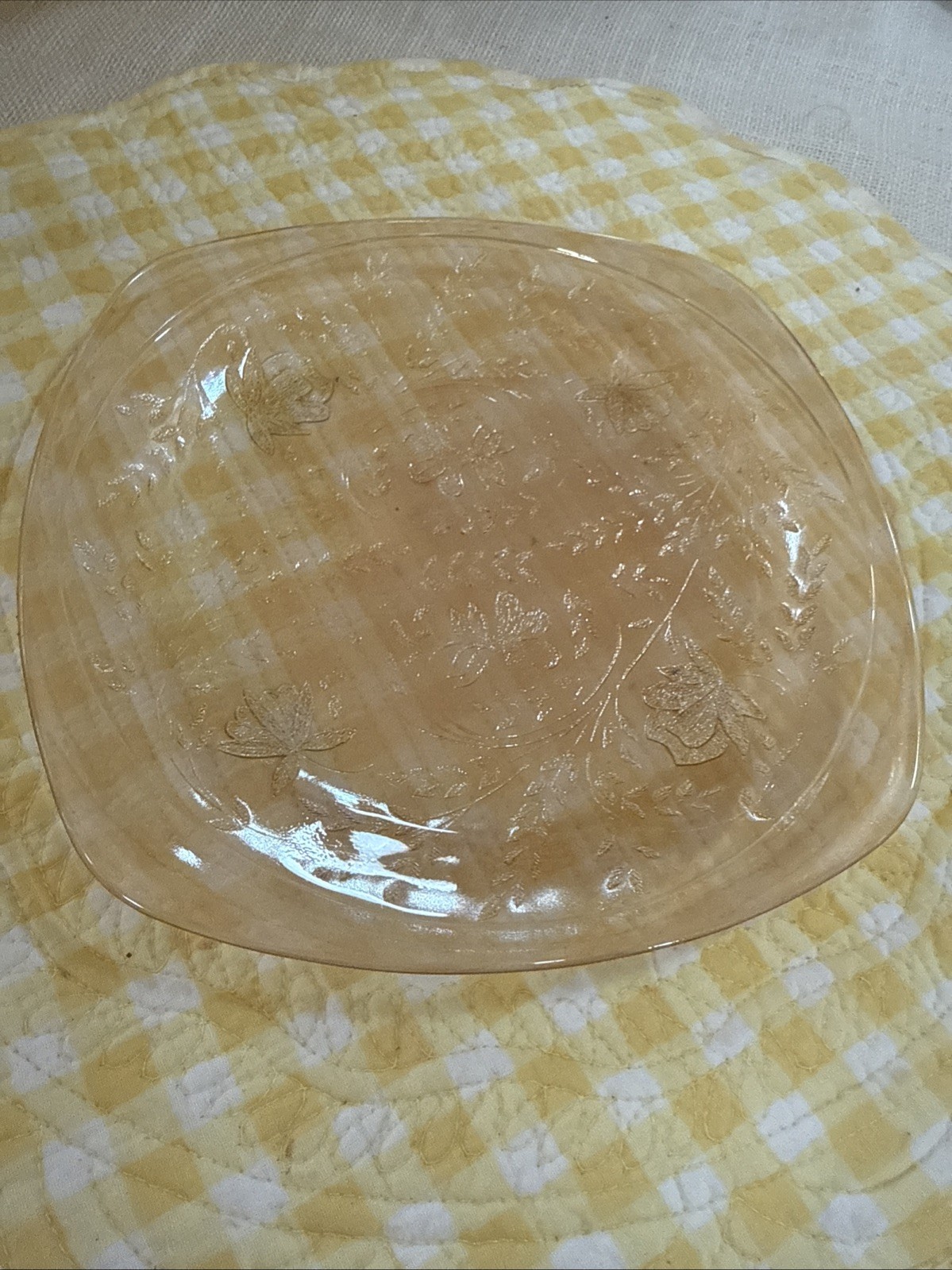 Jeannette Glass Floragold “Louisa” Iridescent Dessert Plates /bowl MCM Marigold