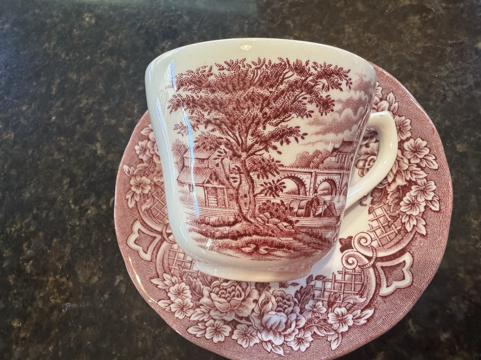 Grindley Homeland Pink Transferware Tea Set w/ Creamer, Cups, Saucers