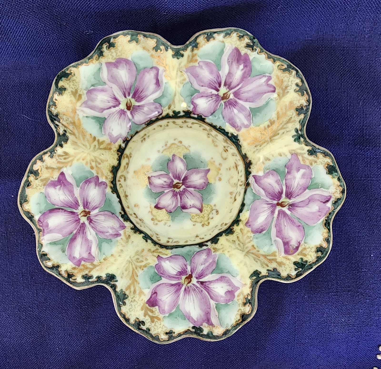 Antique Porcelain Hand Painted Purple & Gilded Floral Ftd Scalloped Bowl 8×2.25
