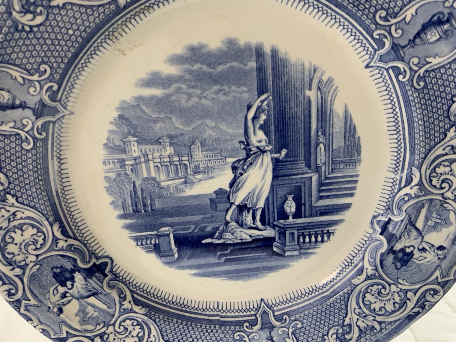 Antique Blue Transferware Dinner Plate, UK,, Grecian Lady & Castle, Davenport