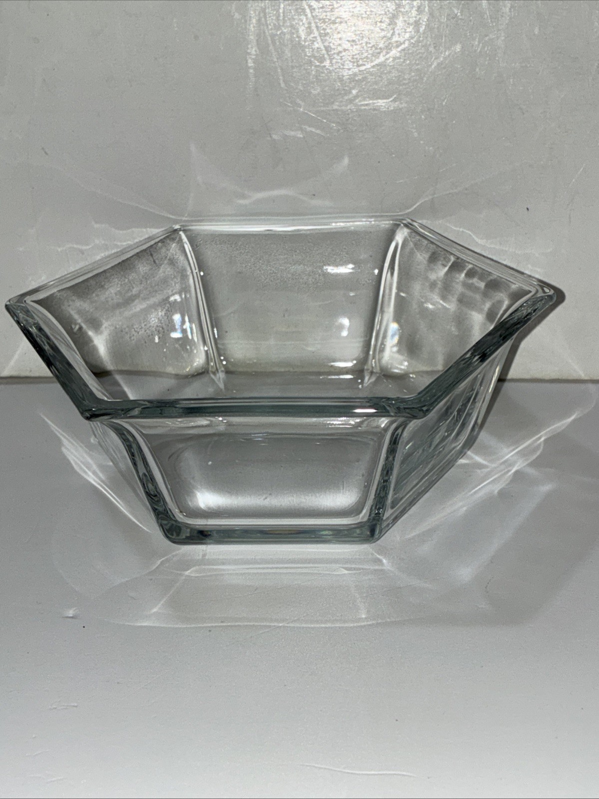 Vintage Clear Glass Hexagon Serving Bowl 7x6x2.5 Six Sided Salad Bowl Candy Dish