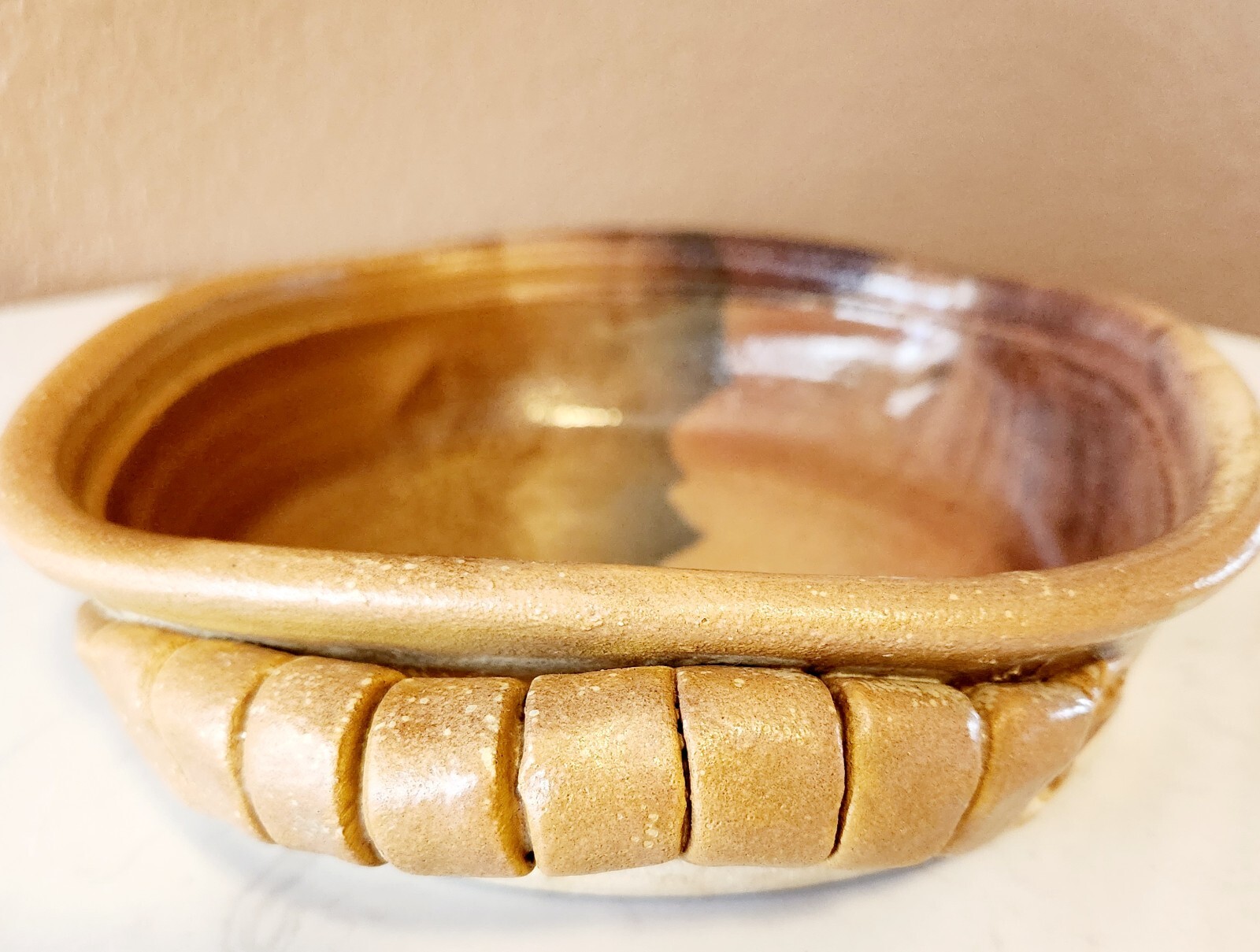 Casserole Bowl Art Pottery Stoneware SIGNED 1979 Landscape Glazing