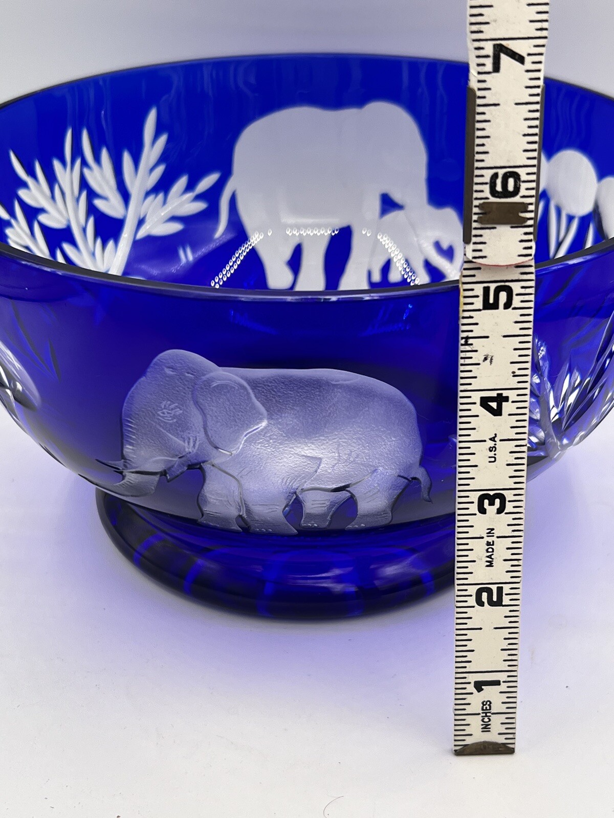 Bohemian Czech Cobalt Blue Cut to Clear Etched Elephants Glass Bowl Cameo Style