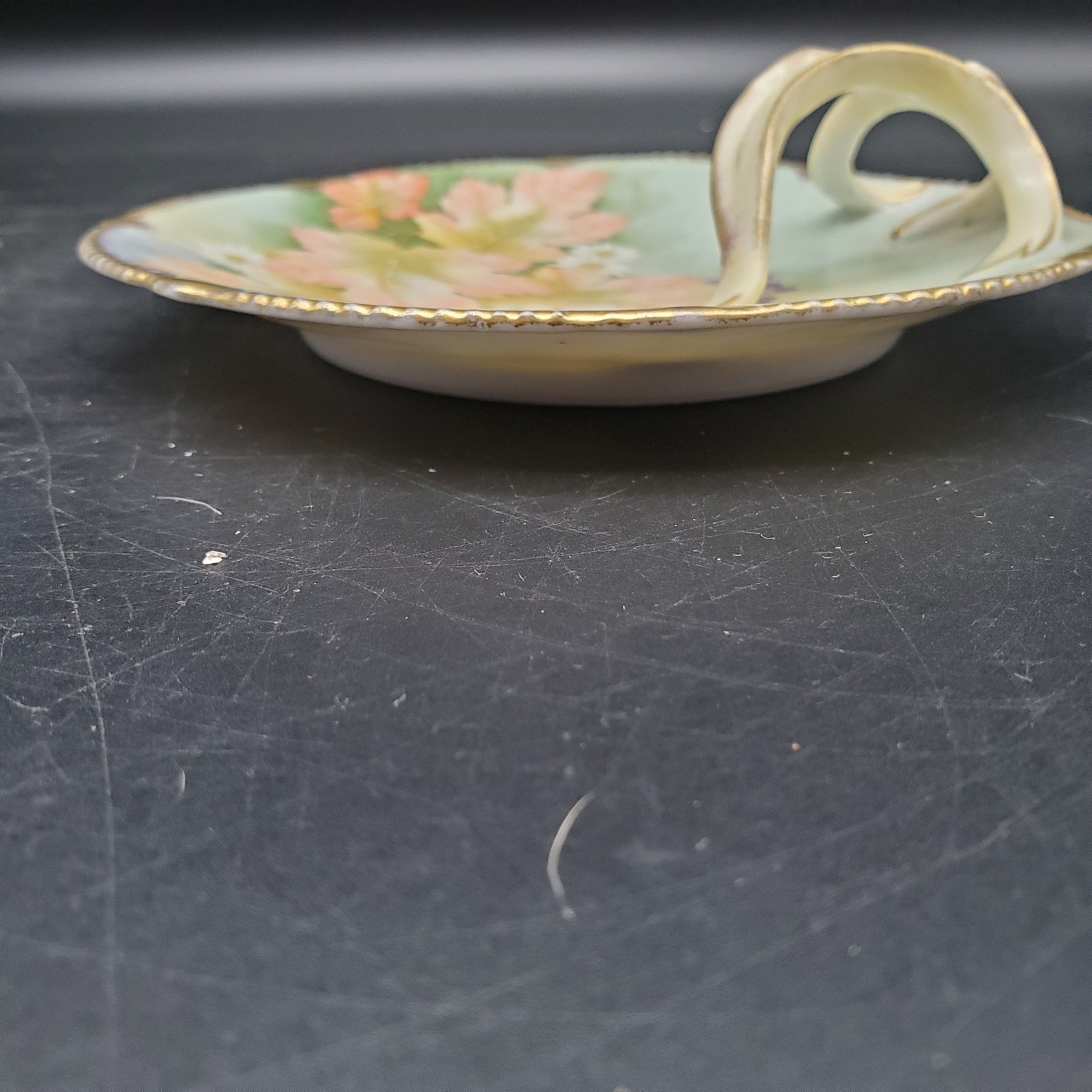 RS Prussia Style Handled Bon Bon Dish Floral Moriage Gold Gilt Handle
