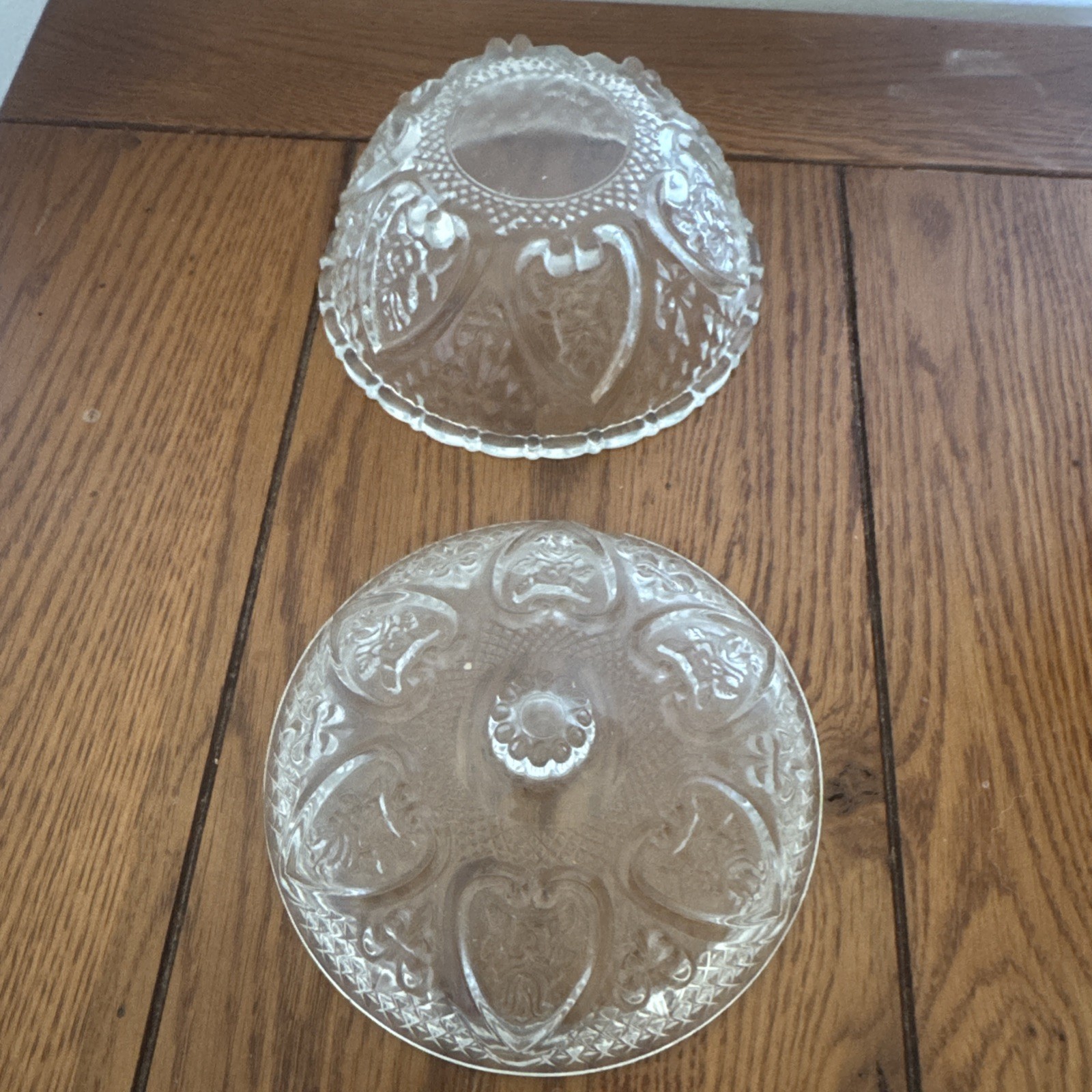 Vintage Covered Candy Dish Clear Pressed Glass Hearts and Roses