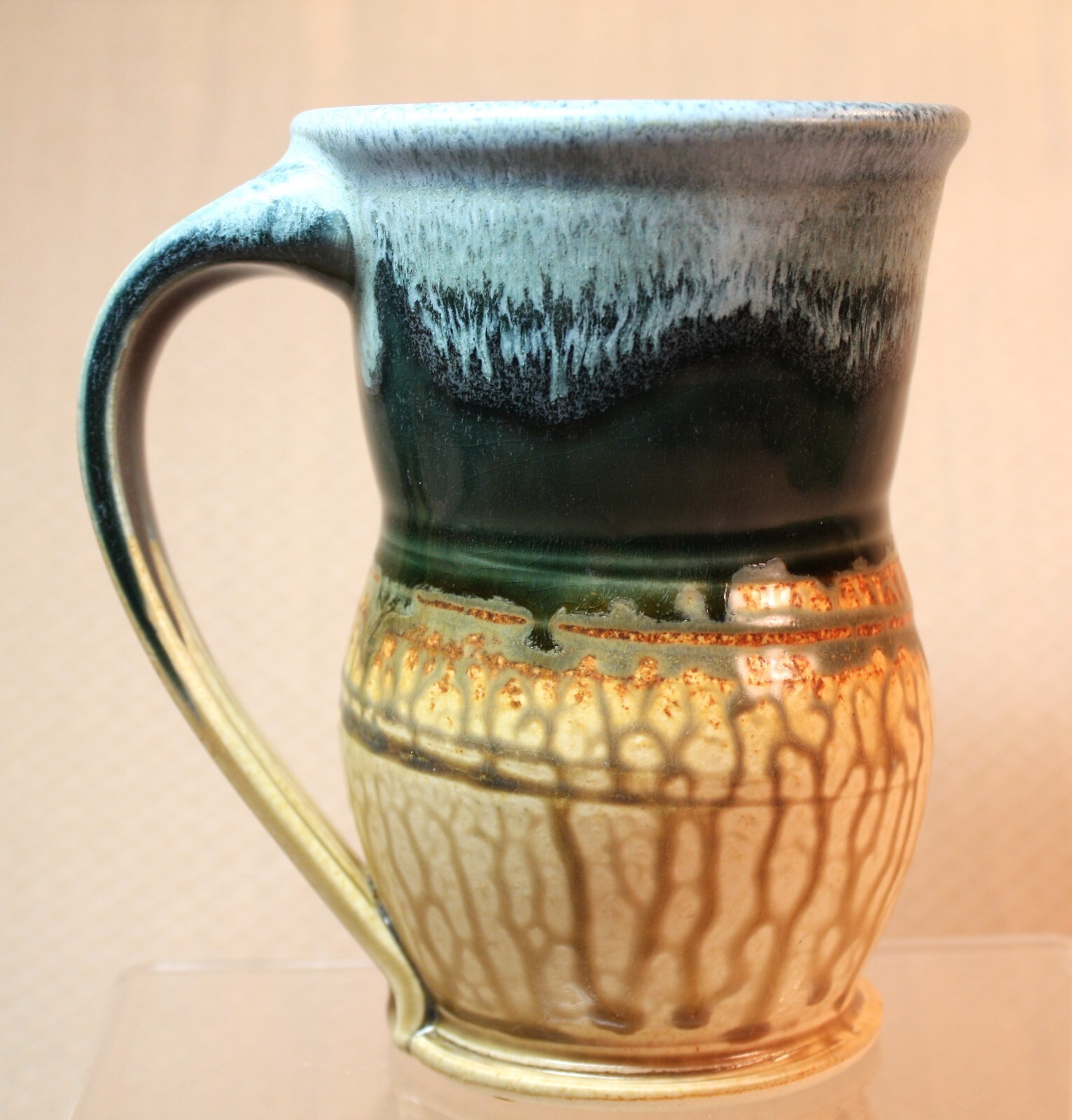 Signed Hand Thrown Pottery Mug Blue Gray Brown Tan Glossy Drip Glaze 5″ Tall