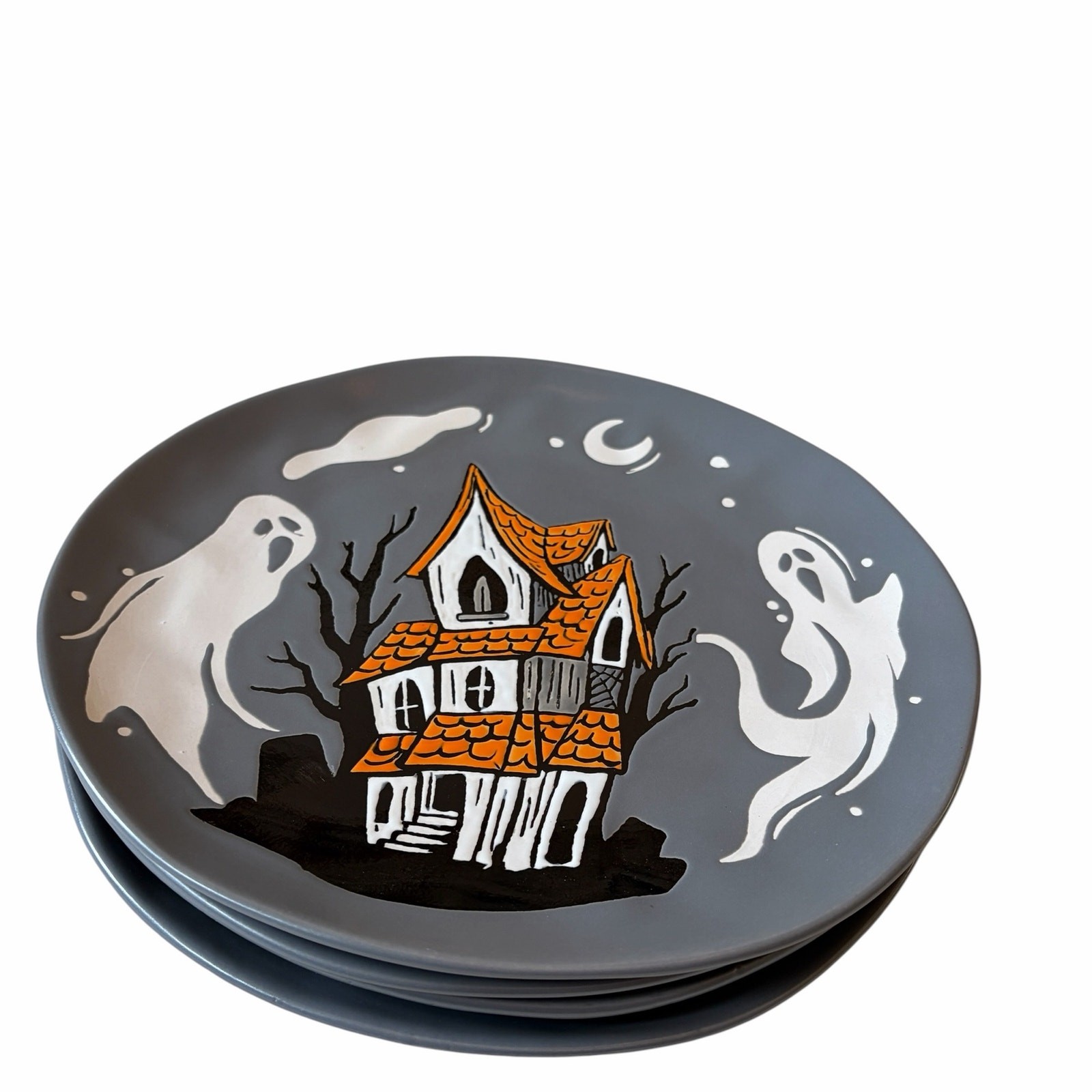 Eli + Ana Halloween Ghost Dinner Plates 11in Haunted House Set of 4 Ceramic NEW
