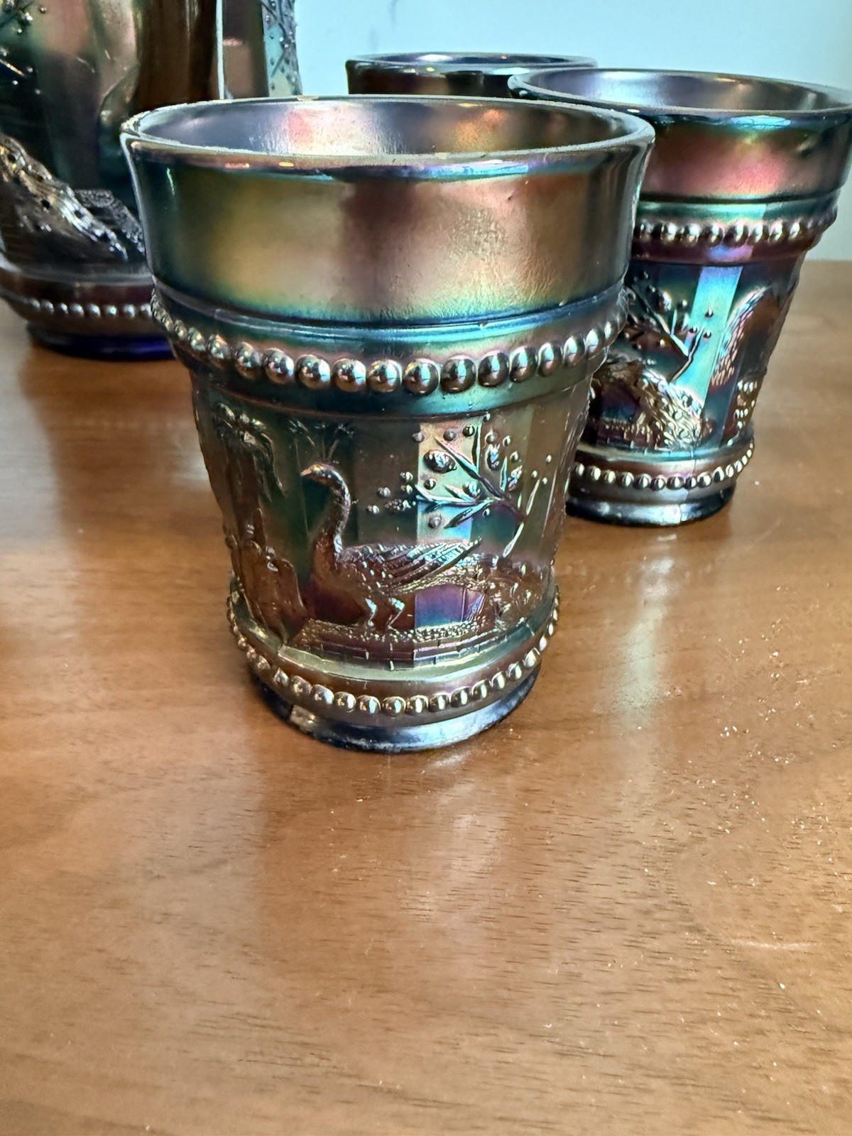 Antique Northwood Carnival Glass Peacock At The Fountain Pitcher & Tumblers Set