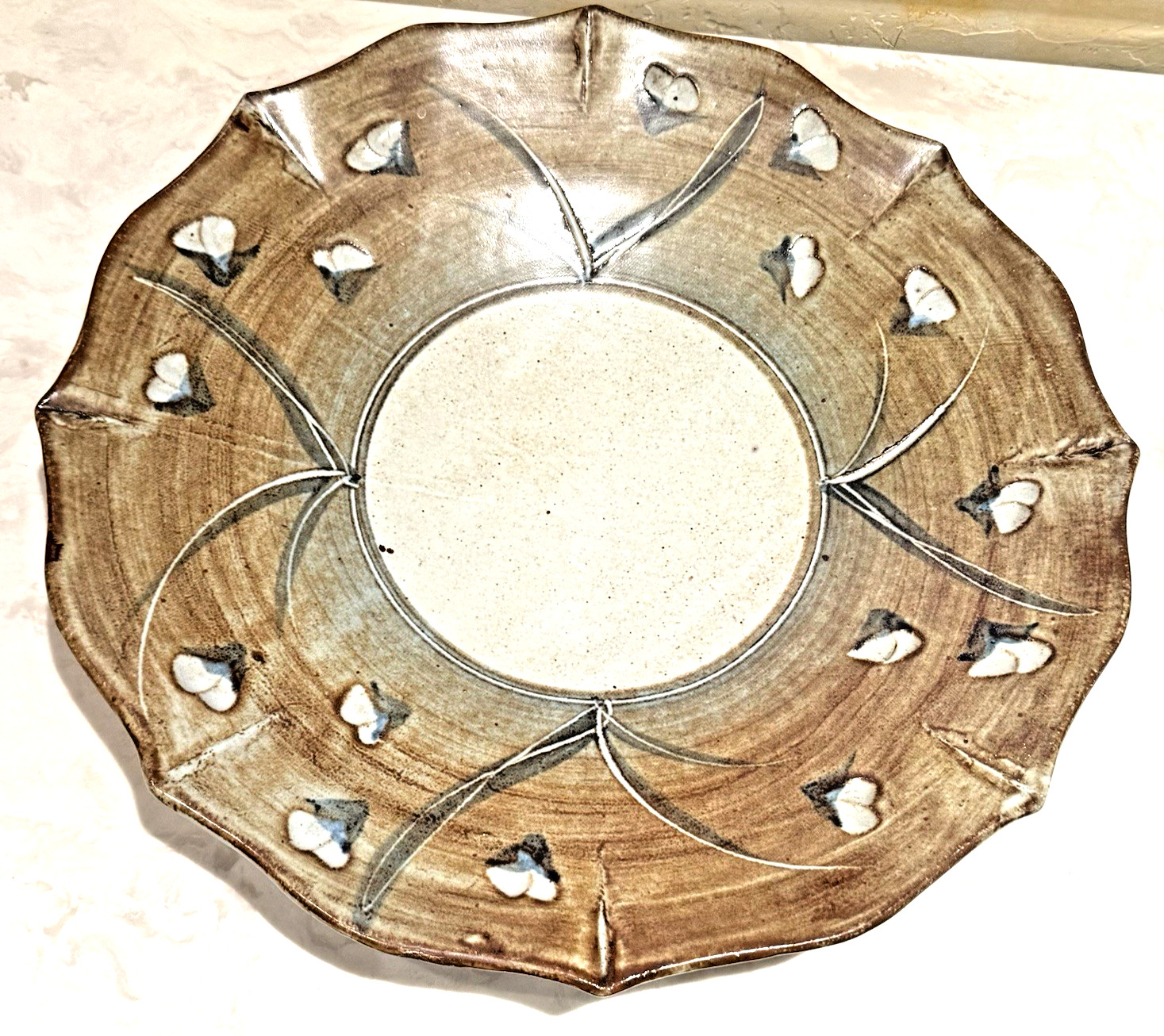RARE 17″ Vtg NICOL Signed green, white Stoneware STUDIO ART Pottery Bowl Platter