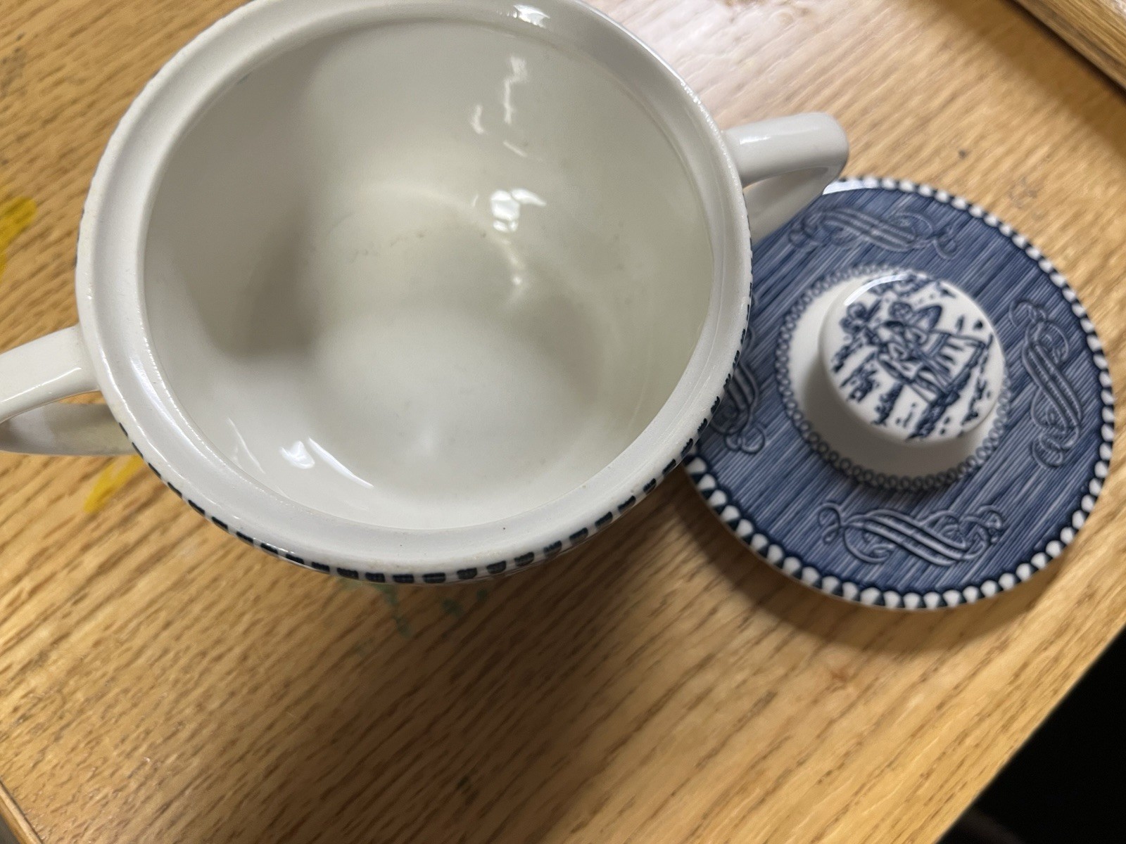 Currier Ives Royal China Blue & White Creamer and Sugar with Lid Set Excellent