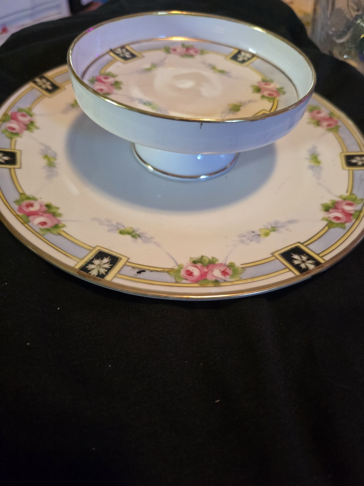 Nippon Porcelain Plate White Pink Blue Floral Gold Trim Black Border Round