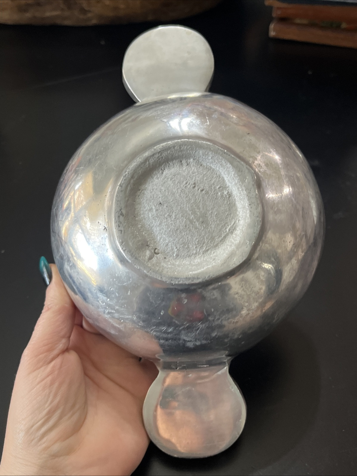 Handmade Rustic Alumminum Bowl With Blue And White Pottery Detailed Handles