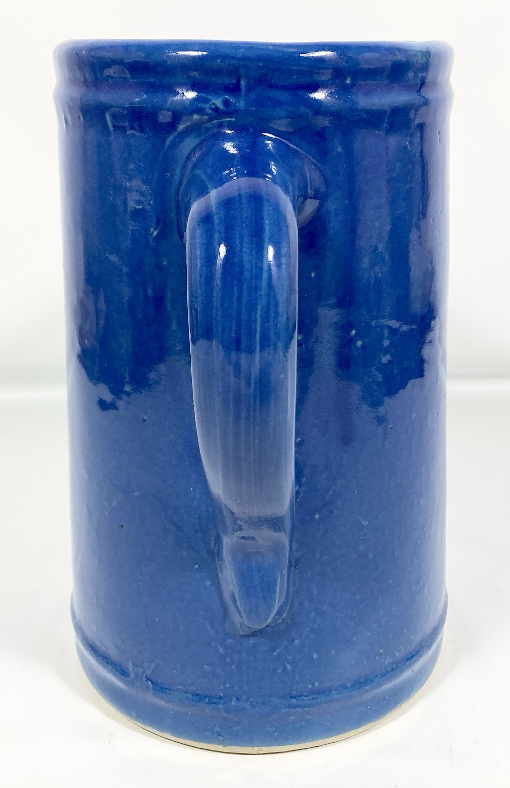 Vtg Antique Cobalt Blue Yellow Ware Stoneware PITCHER Vase 2 Qt. 8 3/4″ Tall EX