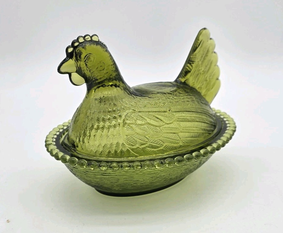 Vintage Indiana Green Glass Hen On Nest Covered Candy Dish 7″ Farmhouse Chicken