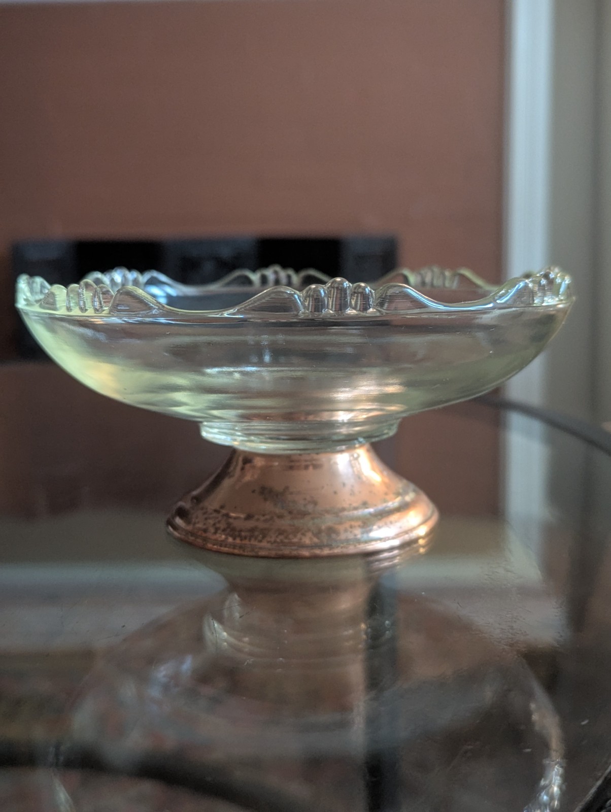 Vintage Princess House Scalloped Glass Candy Bon Bon Nut Dish Bowl Copper Base