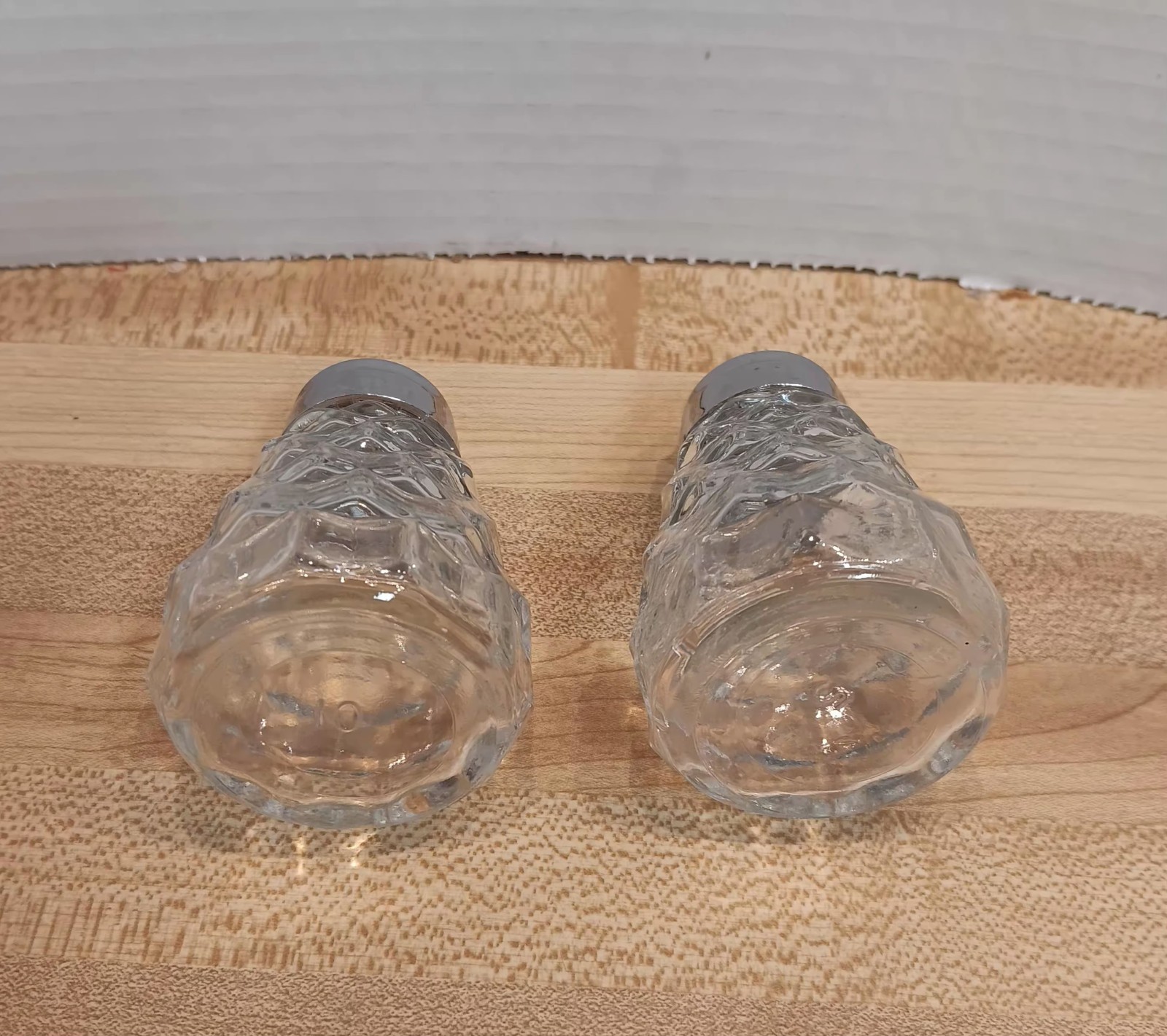 Vtg American Fostoria Cubist Clear Glass Salt Pepper Shakers 3.5in 1.75in