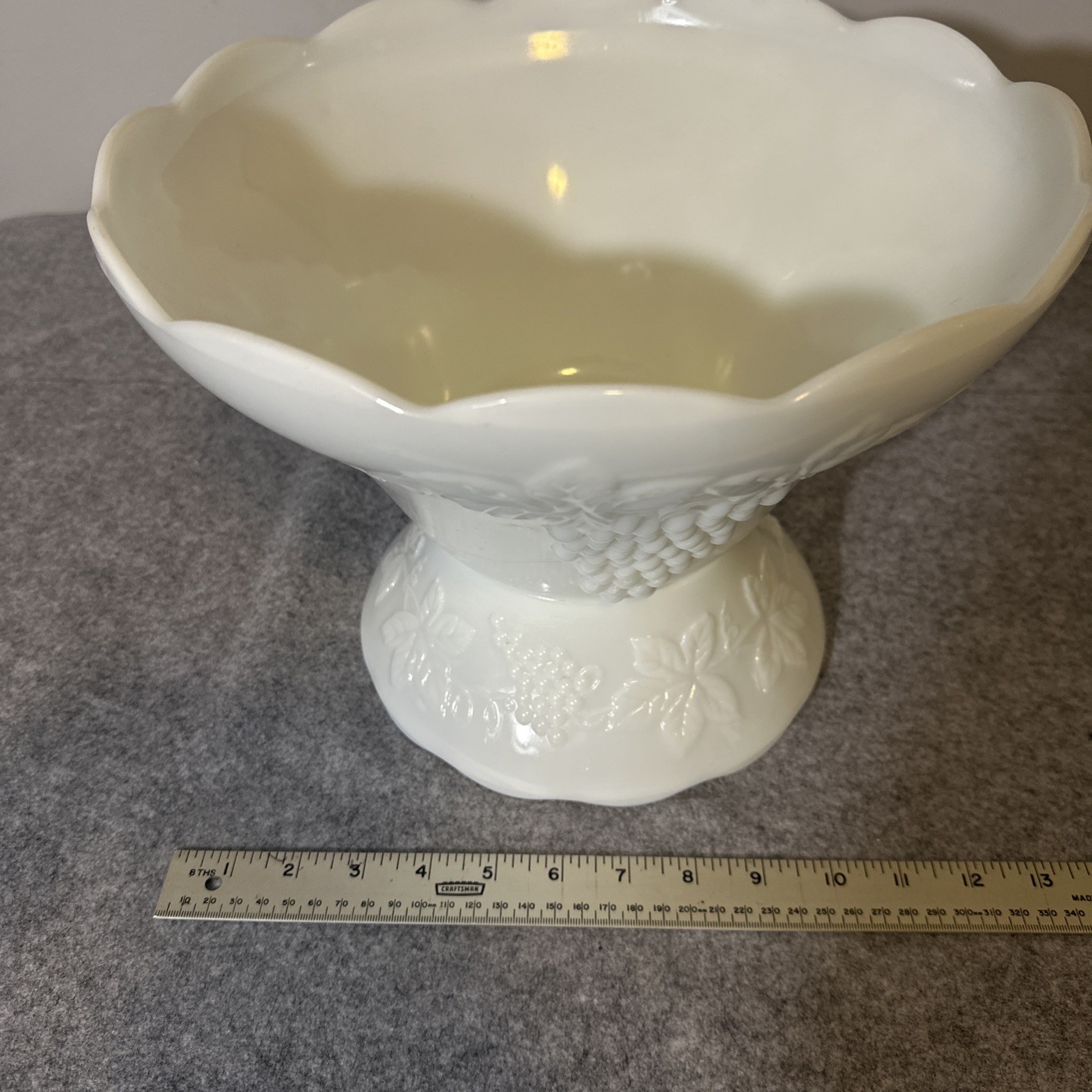 VTG Anchor Hocking Milk Glass Harvest Grape Punch Bowl Set Base 10 Cup Scalloped