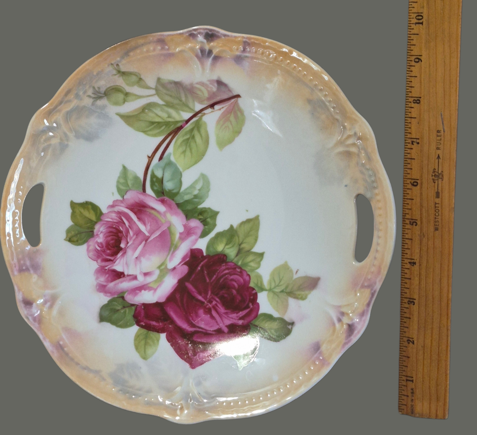 Vintage Romantic Roses Luster Edge Pierced Handles Serving Platter From Germany