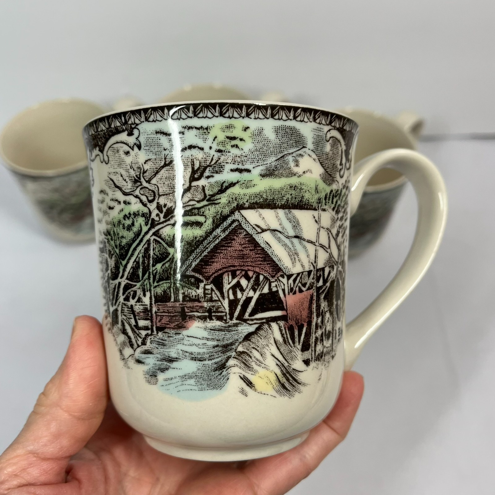 Set of 4 Johnson Brothers Friendly Village Covered Bridge 12 oz. Coffee Mugs