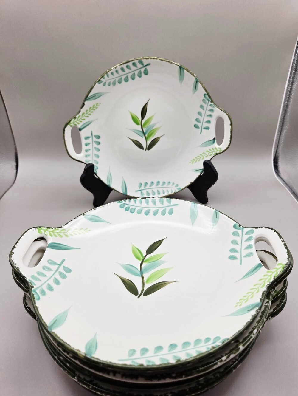 Botanical Leaf Ceramic Dessert or Salad Plates with Handles, Set of 6, NWOT