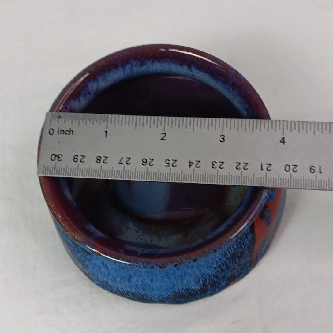 Art Pottery Studio Handcrafted Bowl Red Clay Blue Brown Glaze Slanted Angled