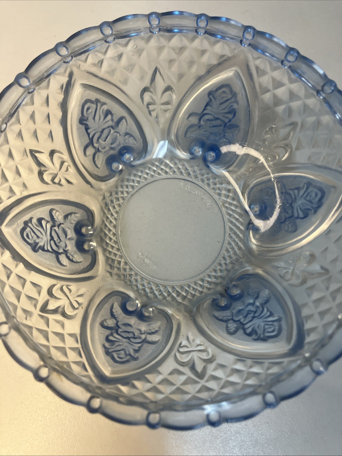 VTG KIG Indonesia Light Blue Pressed Glass Candy Dish Bowl Floral Heart 5”x2”
