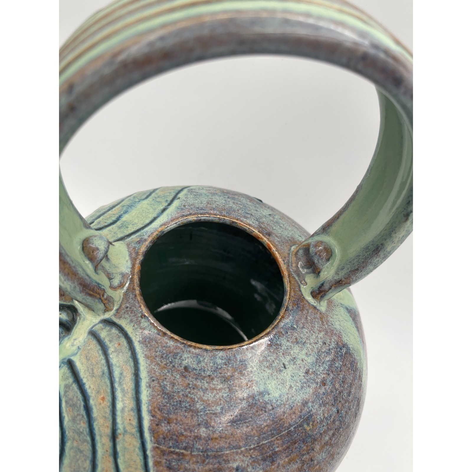 Artisan studio Pottery Teapot Signed large Glazed Stoneware Blue Green vtg