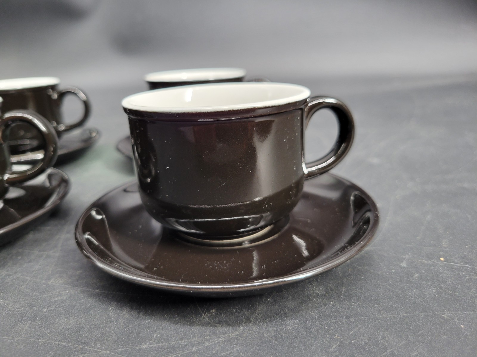 4 Black Glazed 2 1/8″ Teacup/Coffee Cup w/ Four 5″ Saucer Sets 8-Pieces Total