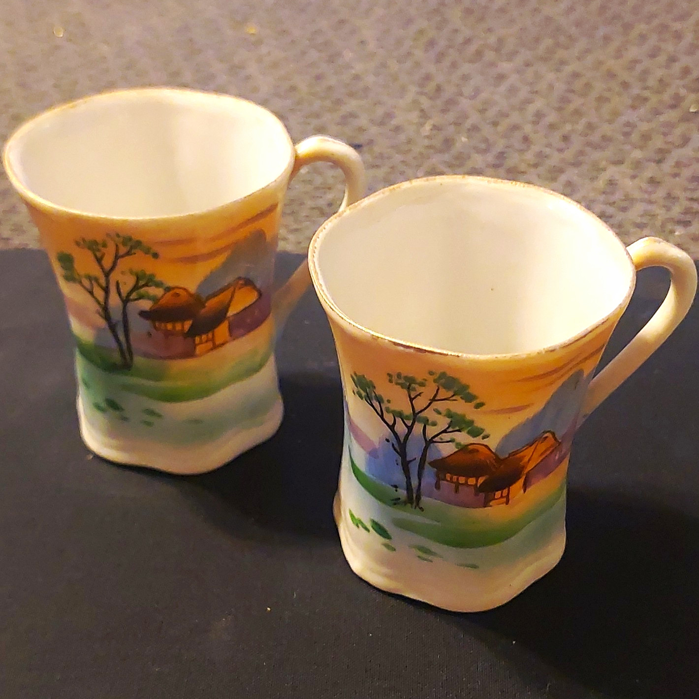 Lot of 2 Hand-Painted Landscape Decorated Mini Cups With Handles, Hot Bevs