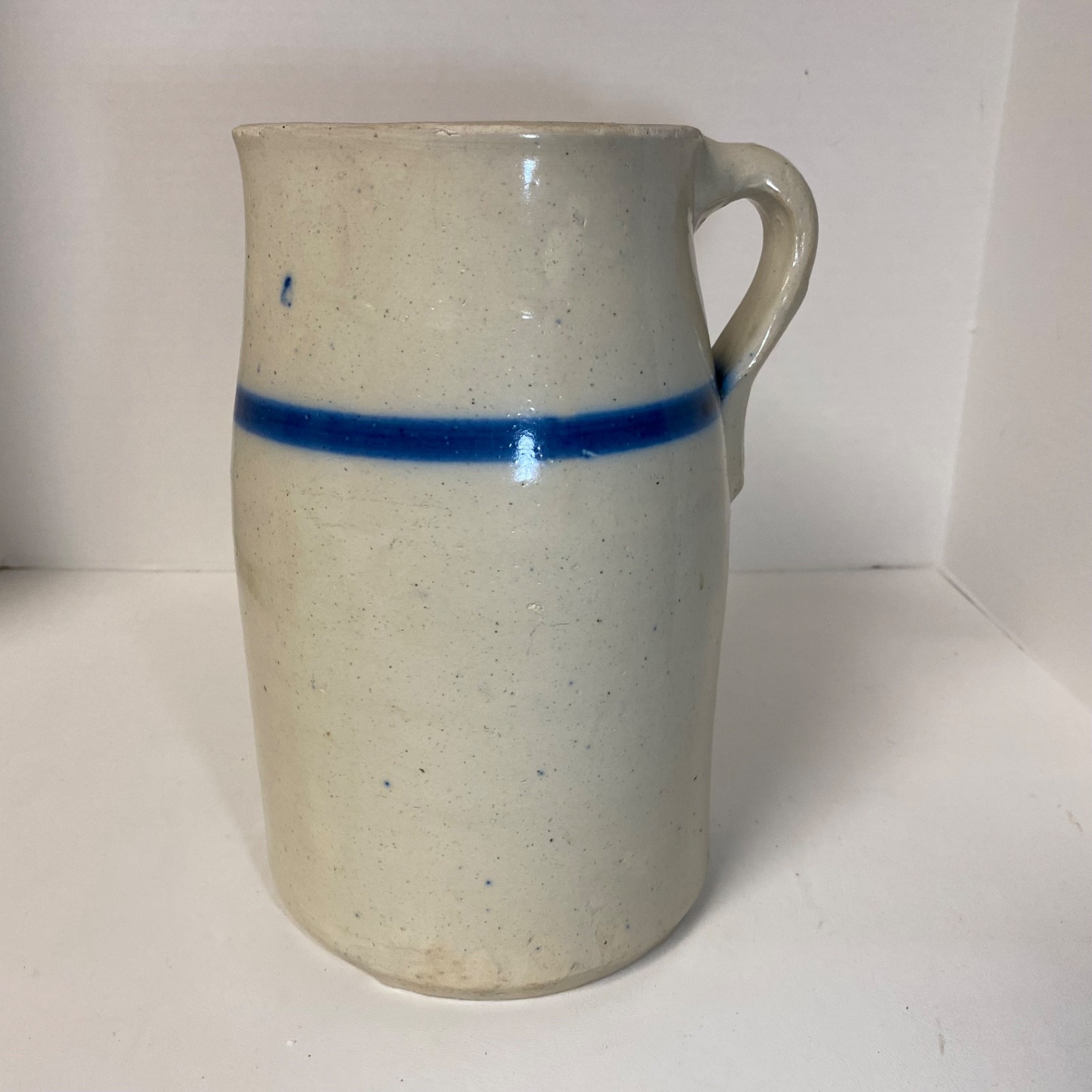 Vintage Primitive Salt Glazed Stoneware Pitcher 10″ Crock Blue Stripe