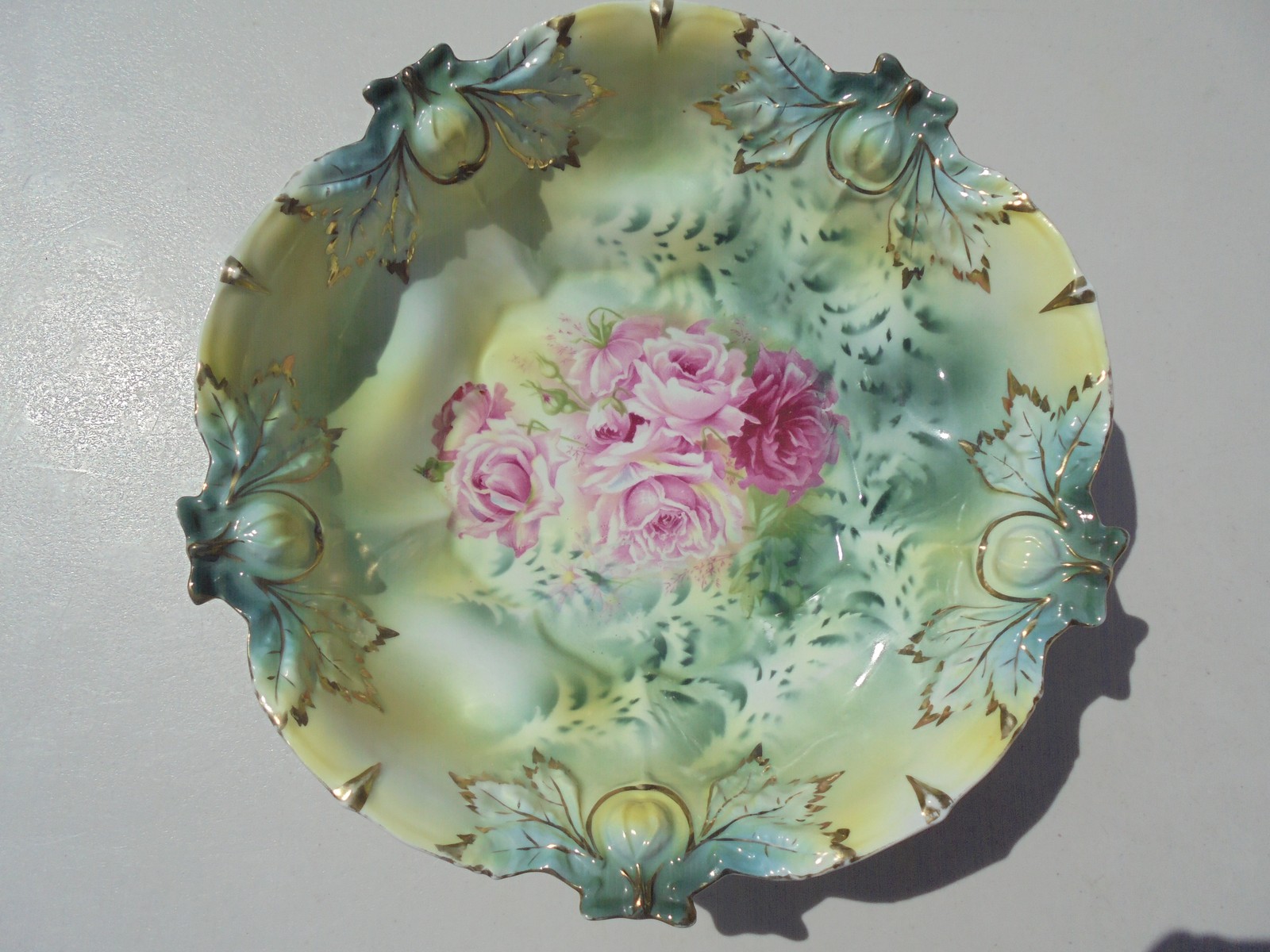 Antique RS Prussia Porcelain Deep Bowl Pink Roses Acorn Mold 10″