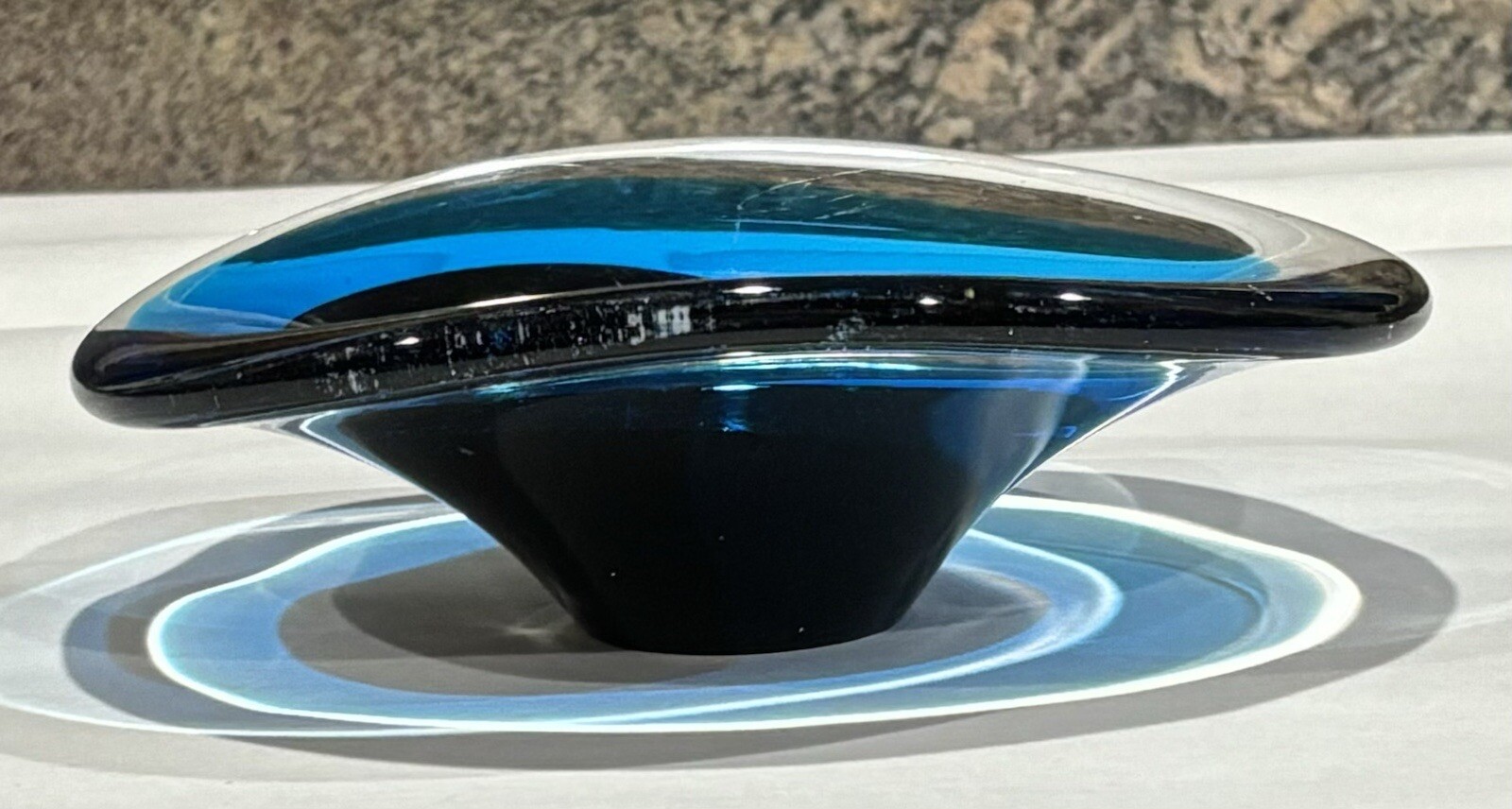 Vintage Art Glass Blue, Black to Clear Asymmetrical Candy or Trinket Dish AS IS
