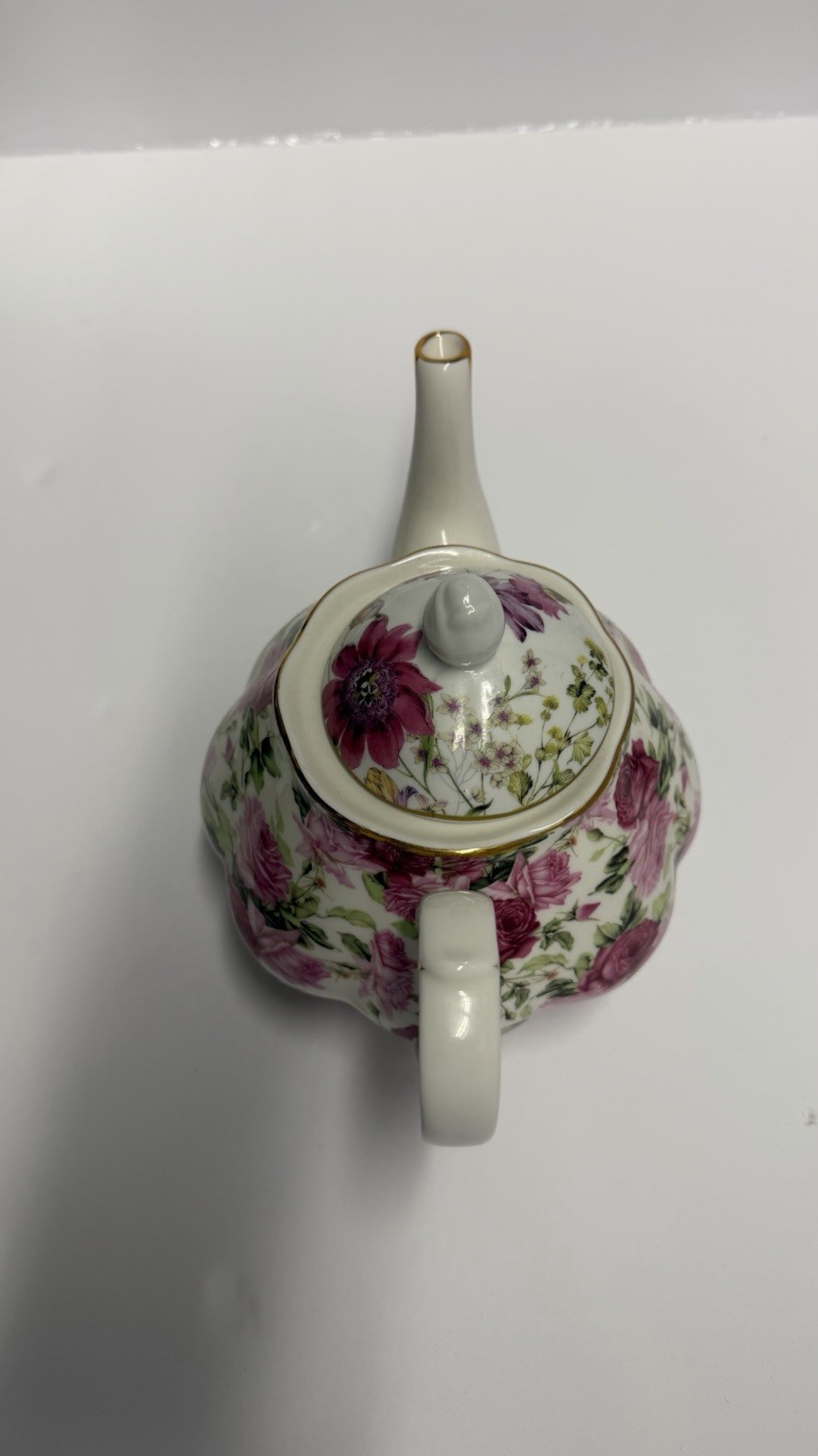 Porcelain Floral Teapot with Pink Roses Gold Trim Lid Glossy White Pink Green