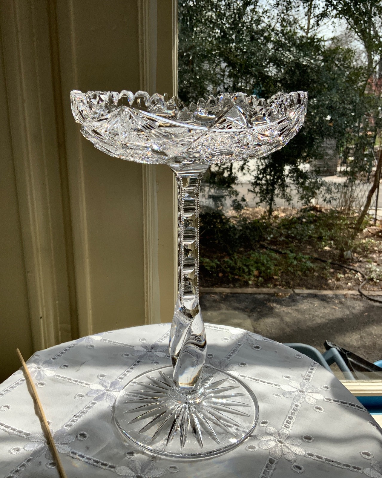 AMERICAN BRILLIANT CUT GLASS 10″ TWIST STEM COMPOTE / ATTRIB: LIBBEY C.1900-1910
